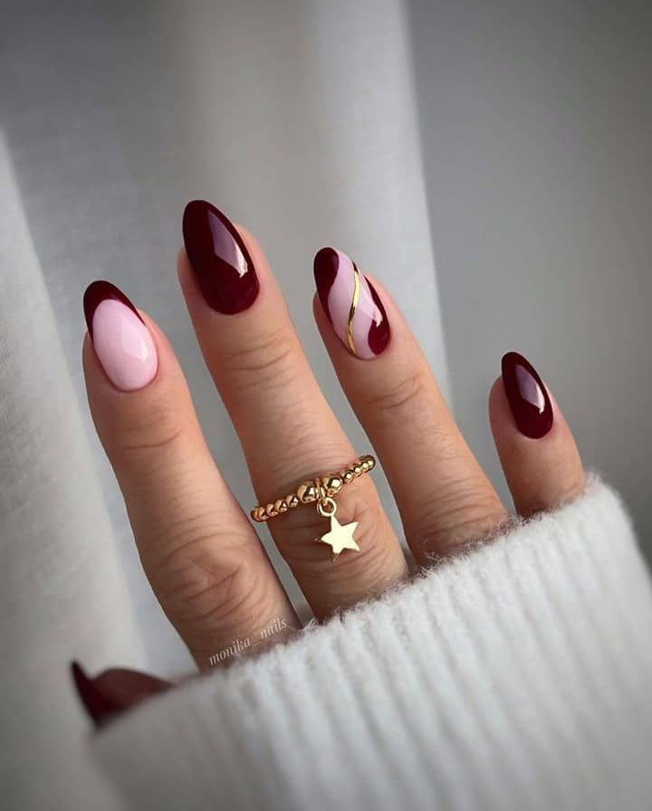 modele unghii burgundy cu alb